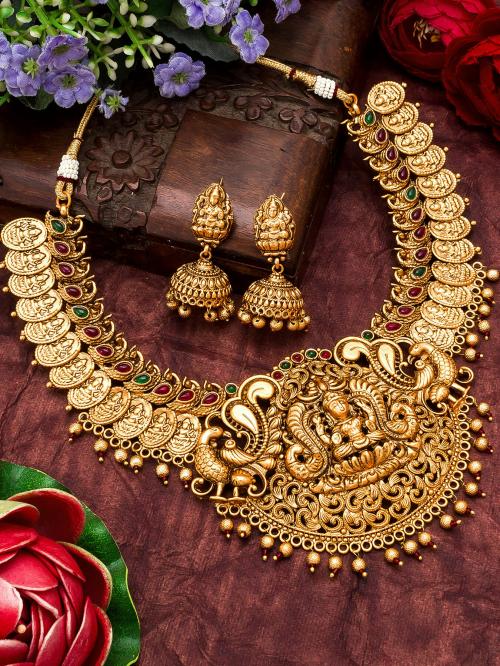 Gold Plated Brass Temple Jewellery Set with Earring
