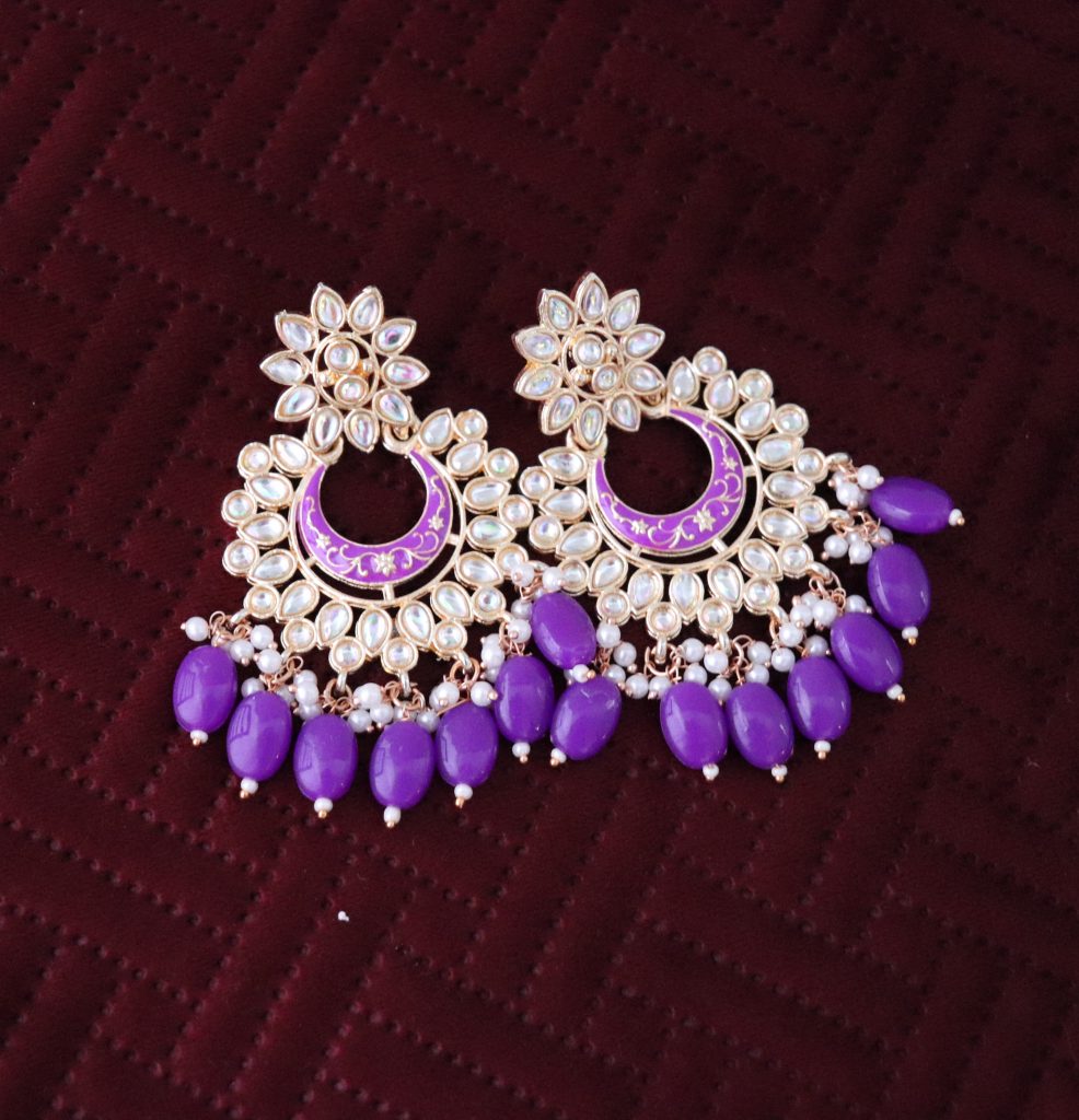 Purple Beads Traditional Meenakari-Kundan Chandbali Earrings
