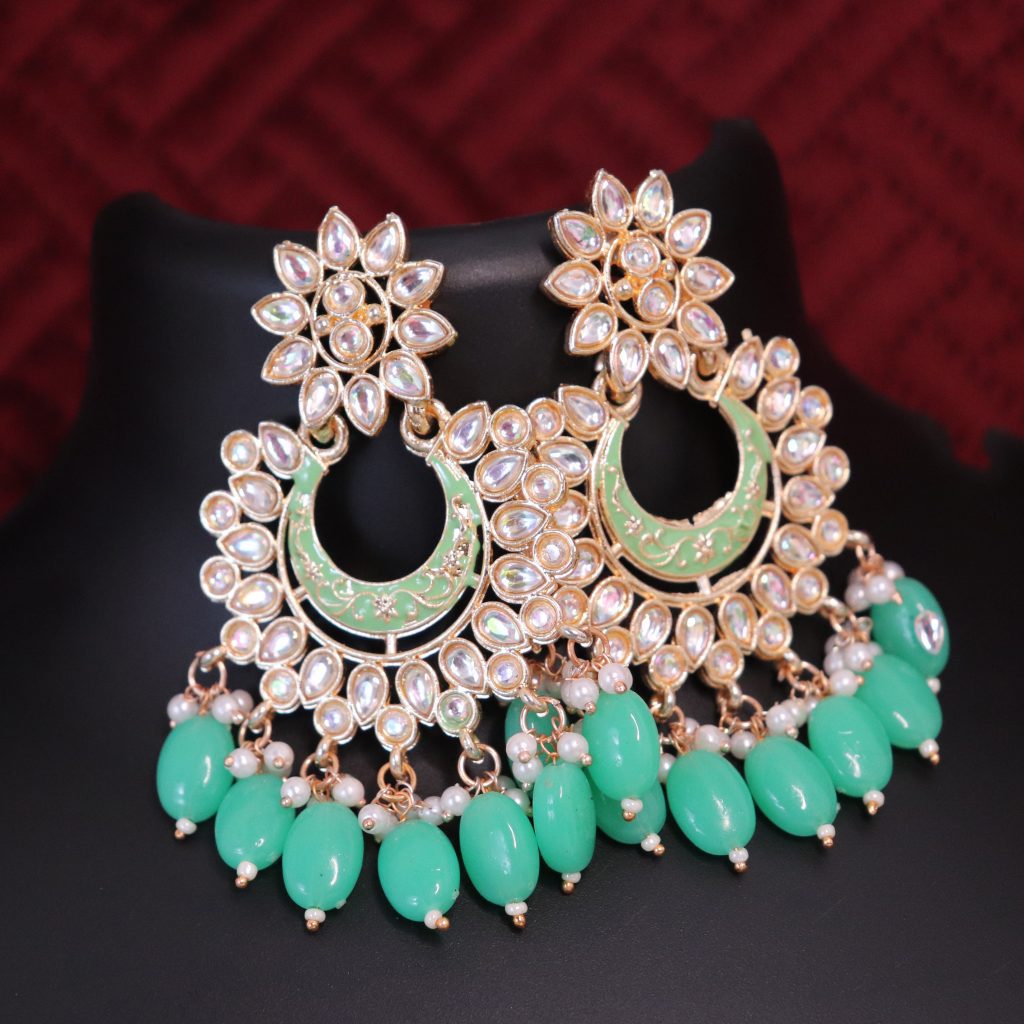 Green Beads Traditional Meenakari-Kundan Chandbali Earrings