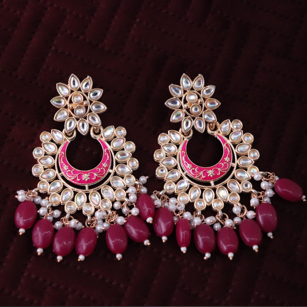 Magenta Beads Traditional Meenakari-Kundan Chandbali Earrings
