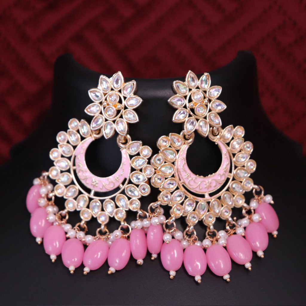  Pink Beads Traditional Meenakari-Kundan Chandbali Earrings
