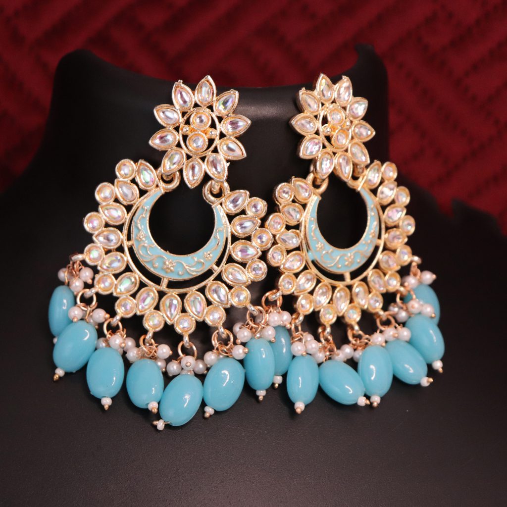 Sky Blue Beads Traditional Meenakari-Kundan Chandbali Earrings